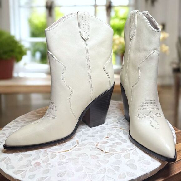 PAIGE $378 Porter Ankle Boot Ivory Western Pointed Toe Leather Block Heel Women’ - Picture 2 of 13